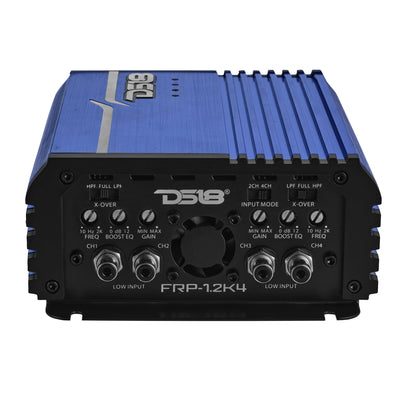 DS18 FRP-1.2K4-BL amplifier left side view showing power and speaker terminals