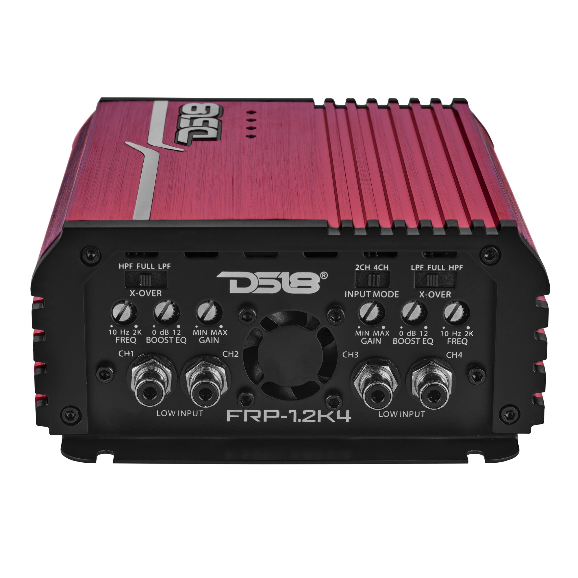 DS18 FRP-1.2K4 amplifier, red finish, left side view showing power and speaker terminals