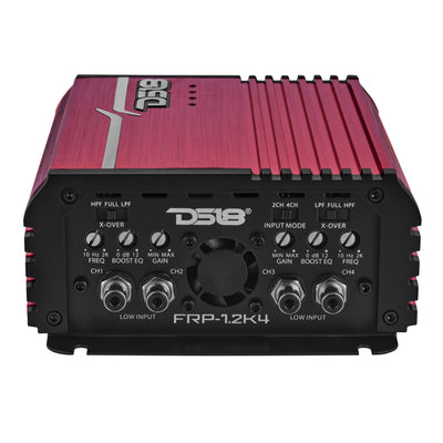 DS18 FRP-1.2K4 amplifier, red finish, left side view showing power and speaker terminals