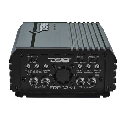 DS18 FRP-1.2K4 amplifier, titanium finish, left side view showing power and speaker terminals