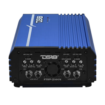 DS18 FRP-2.4K4 amplifier, blue finish, left side view showing power and speaker terminals