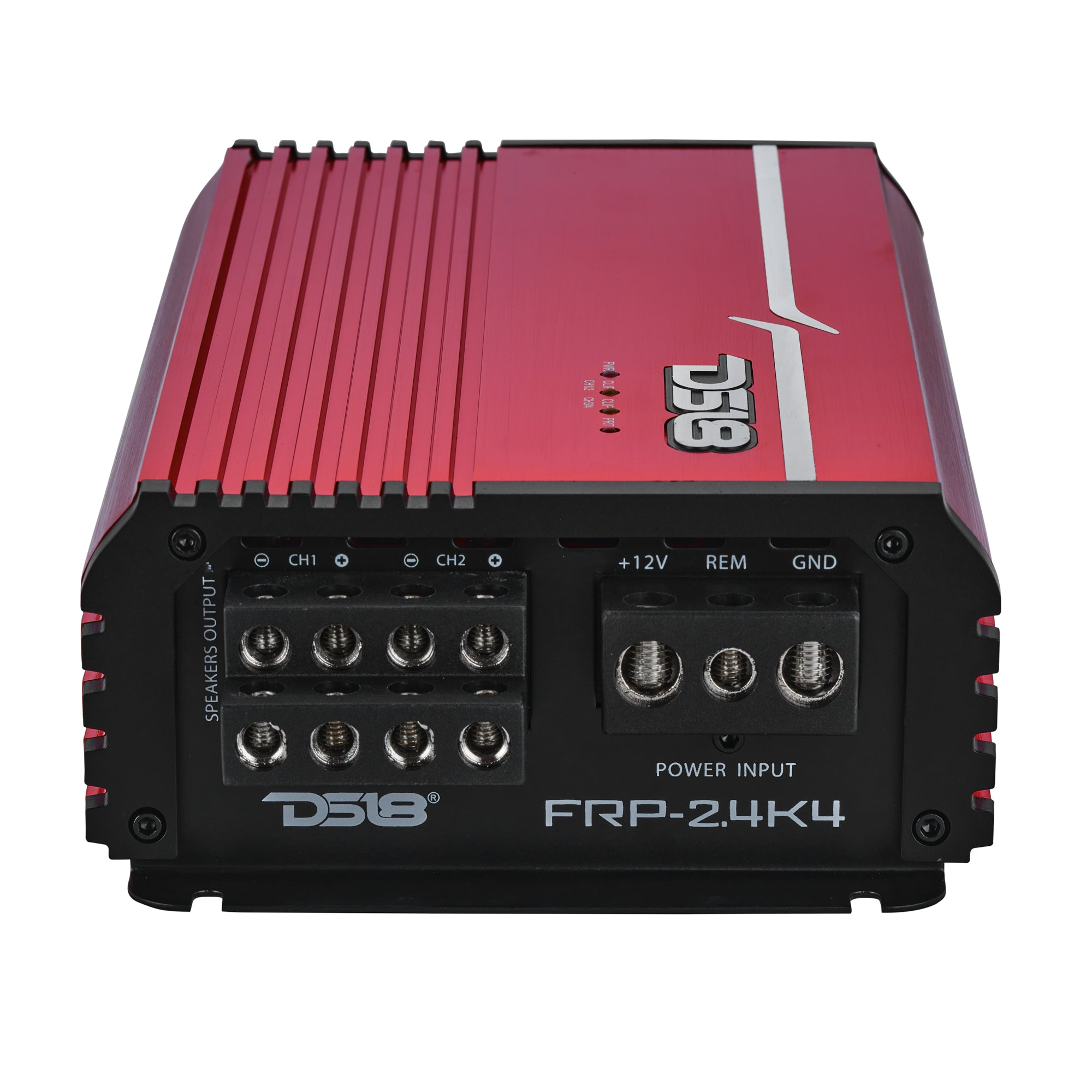 DS18 FRP-2.4K4 amplifier, red finish, left side view showing power and speaker terminals