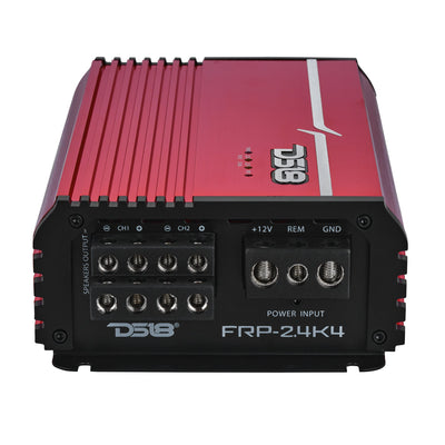 DS18 FRP-2.4K4 amplifier, red finish, left side view showing power and speaker terminals