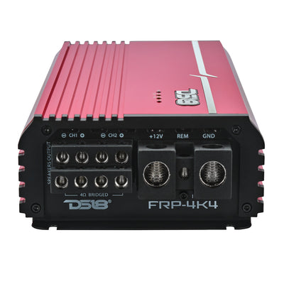 DS18 FRP-4K4 amplifier, red finish, right side view showing power and speaker terminals