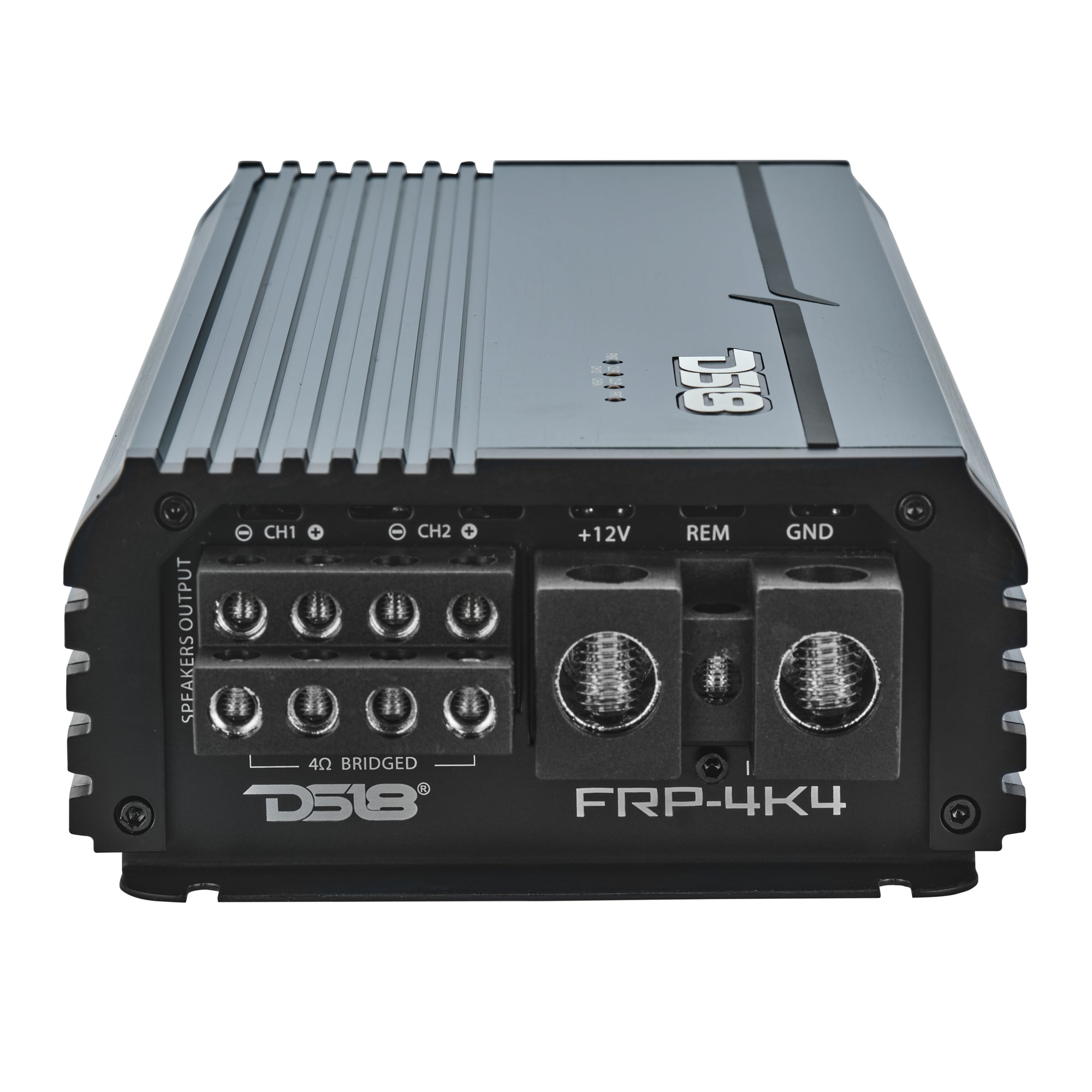 DS18 FRP-4K4 amplifier, titanium finish, right side view showing power and speaker terminals
