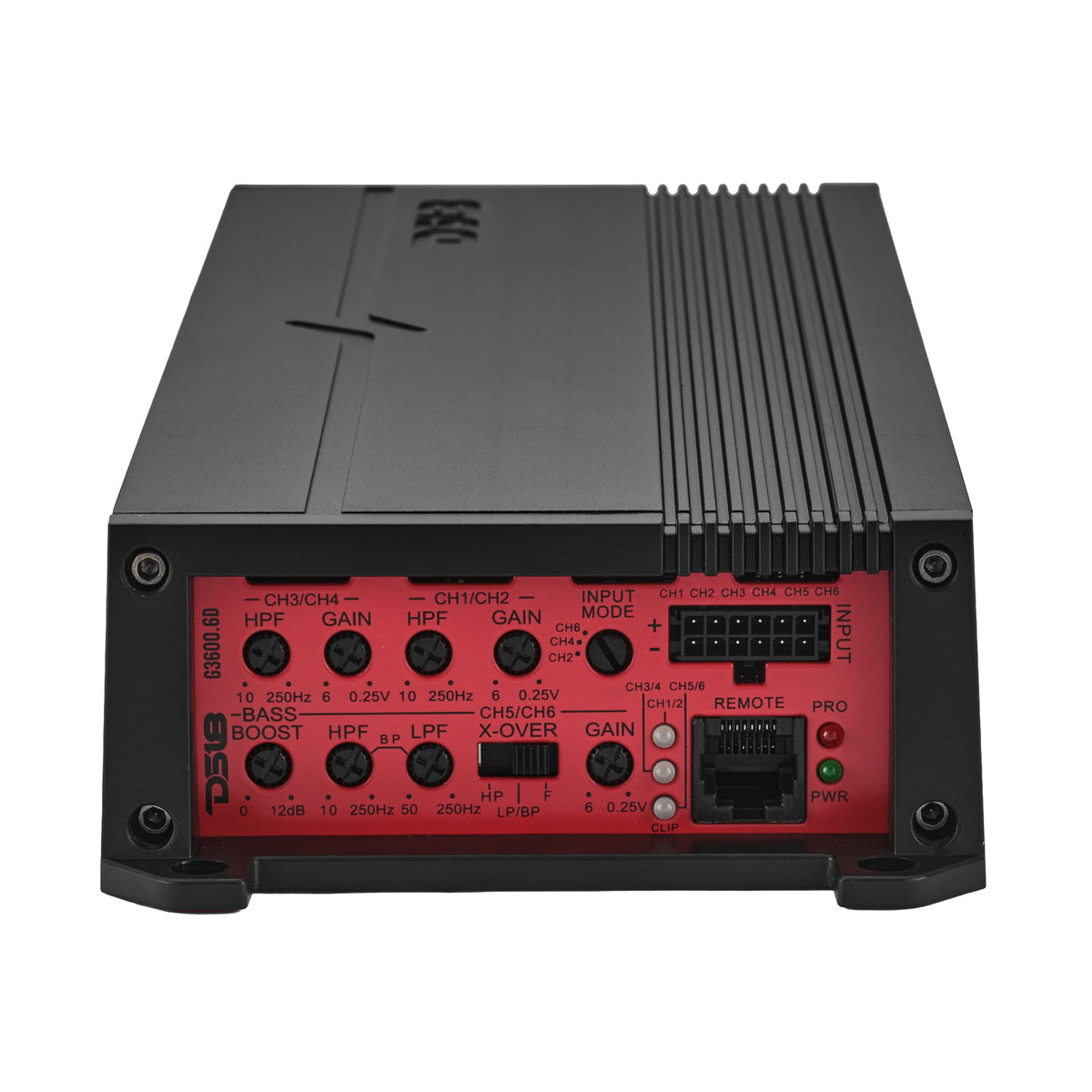 DS18 G3600.6D amplifier left side showing crossover and gain controls