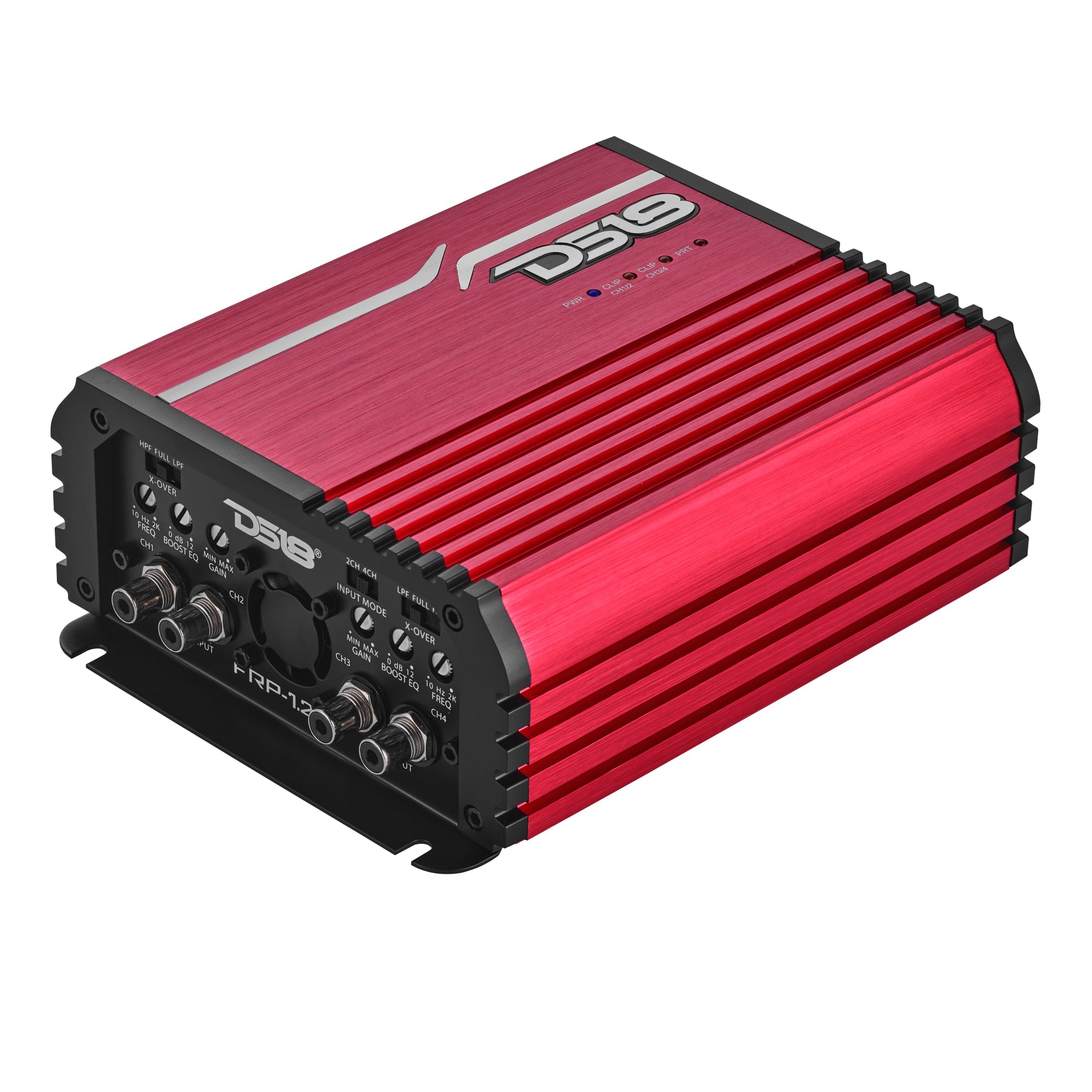 DS18 FRP-1.2K4 amplifier, red finish, front angled view