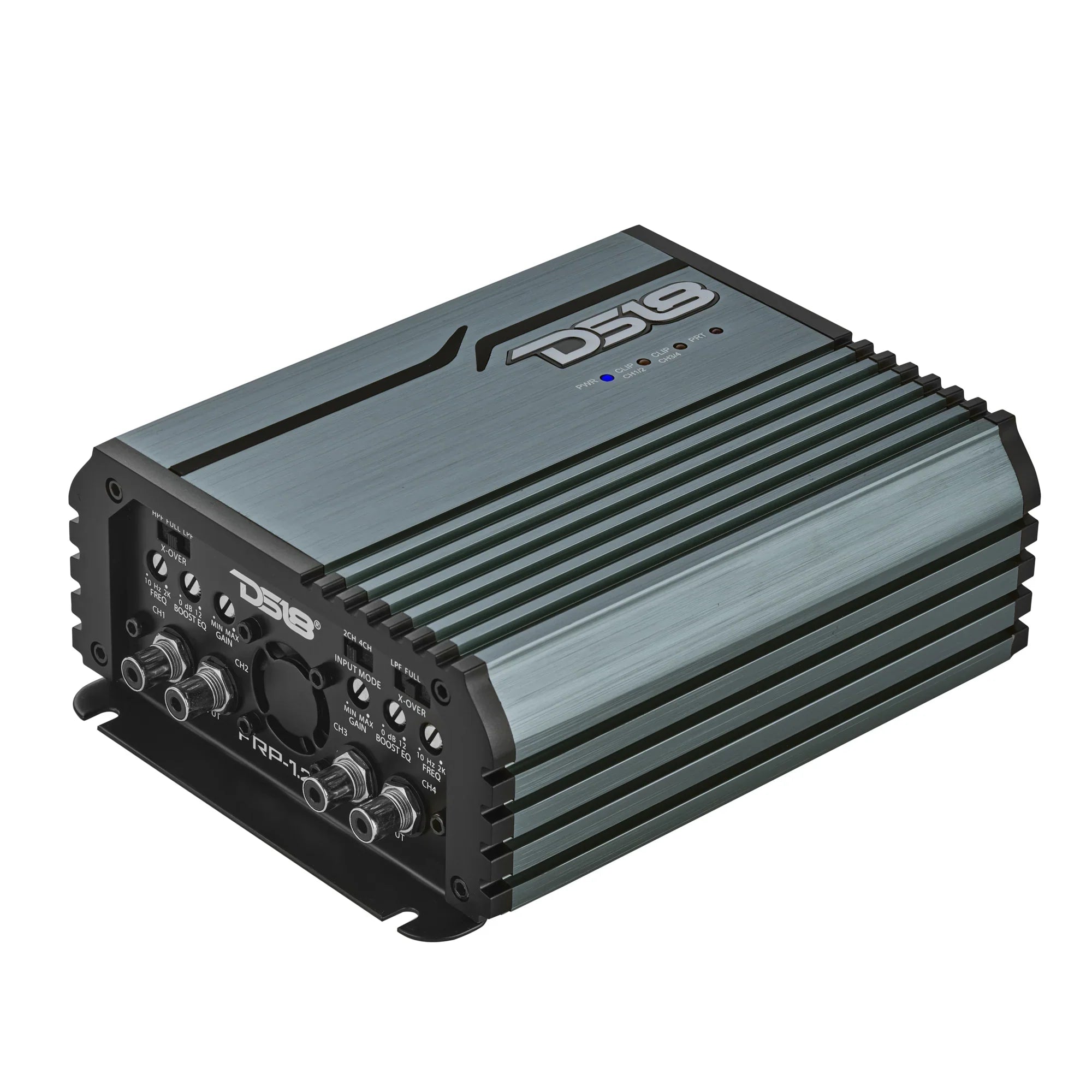 DS18 FRP-1.2K4 amplifier, titanium finish, front angled view