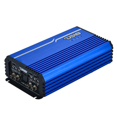 DS18 FRP-2.4K4 amplifier, blue finish, front angled view
