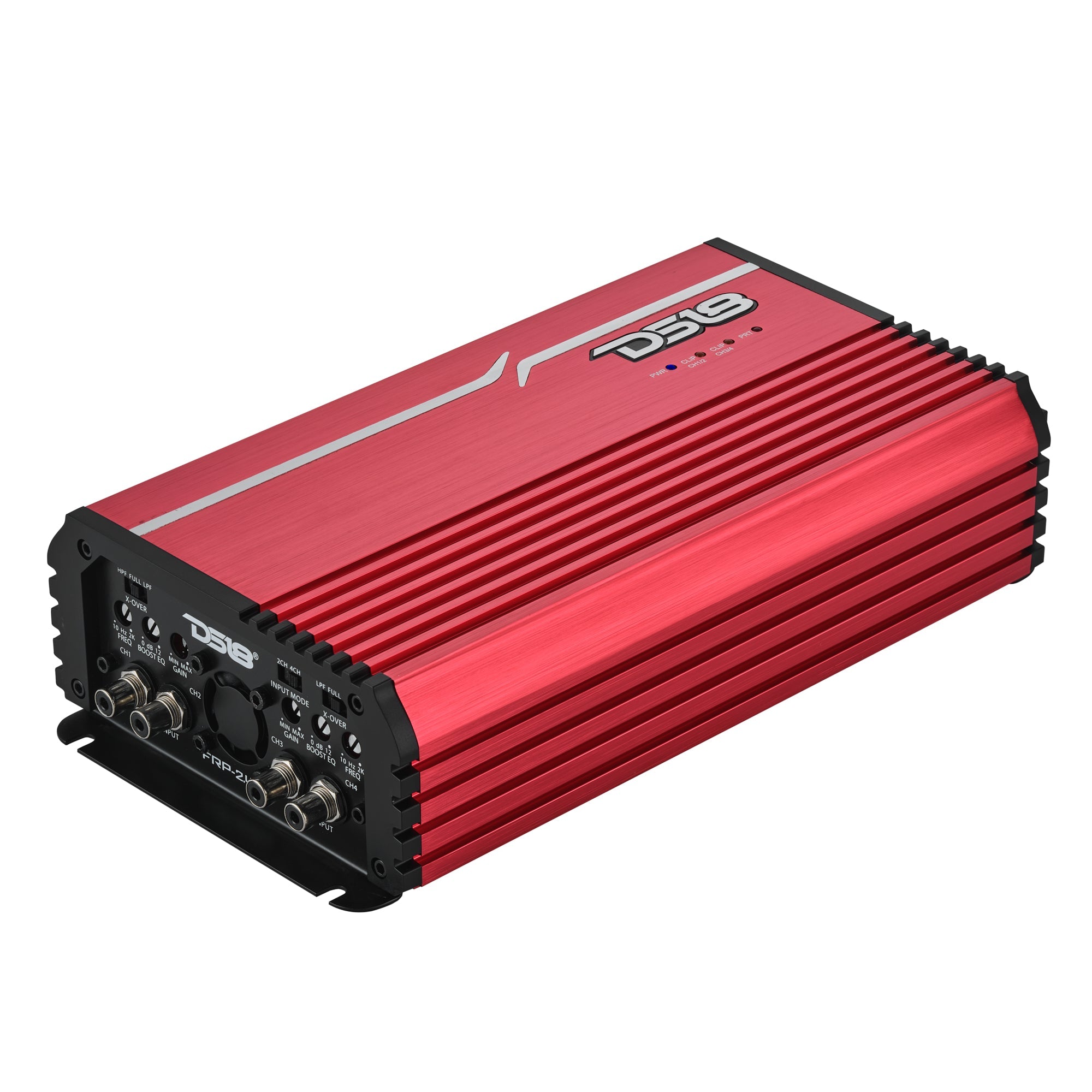 DS18 FRP-2.4K4 amplifier, red finish, front angled view