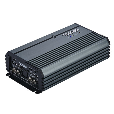 DS18 FRP-2.4K4-TI compact 4-channel full-range Class-D amplifier, titanium finish, front angled view