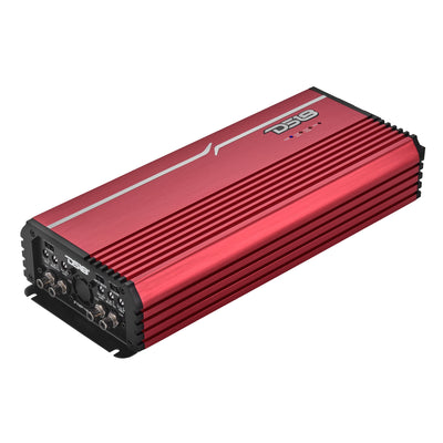 DS18 FRP-4K4 amplifier, red finish, front angled view