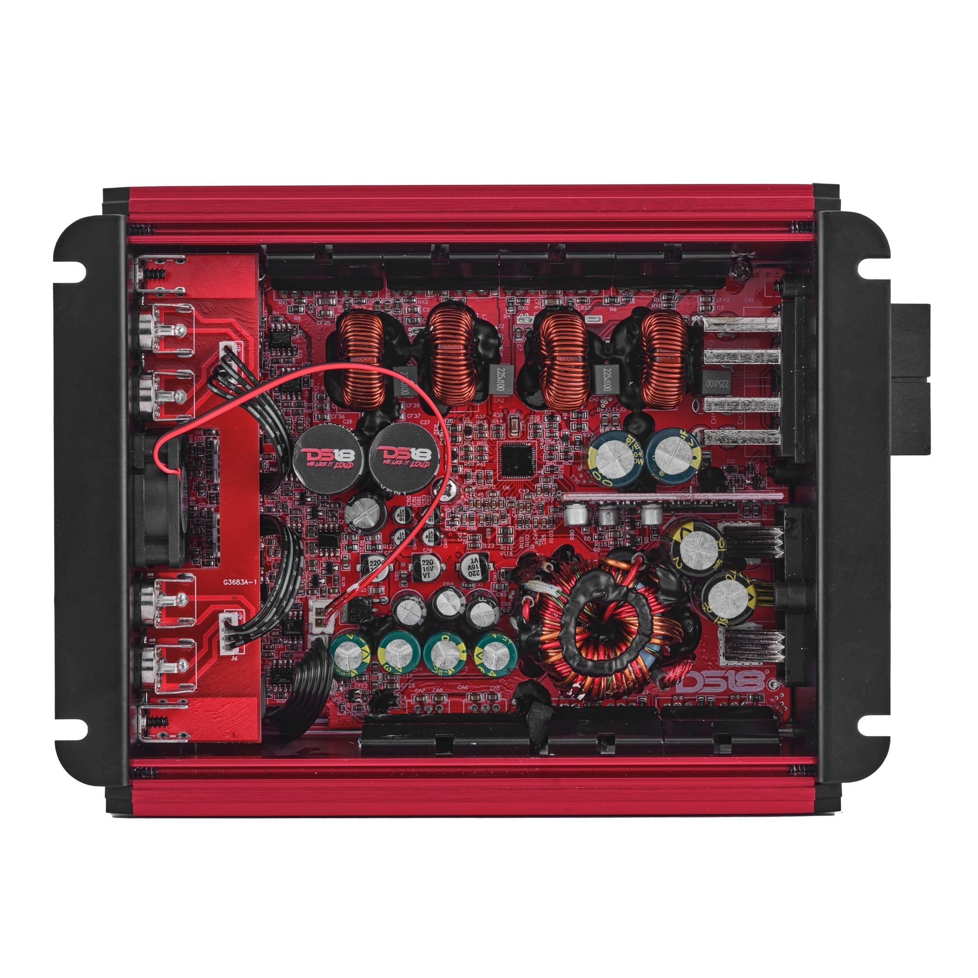 DS18 FRP-1.2K4 amplifier, red finish, back panel view