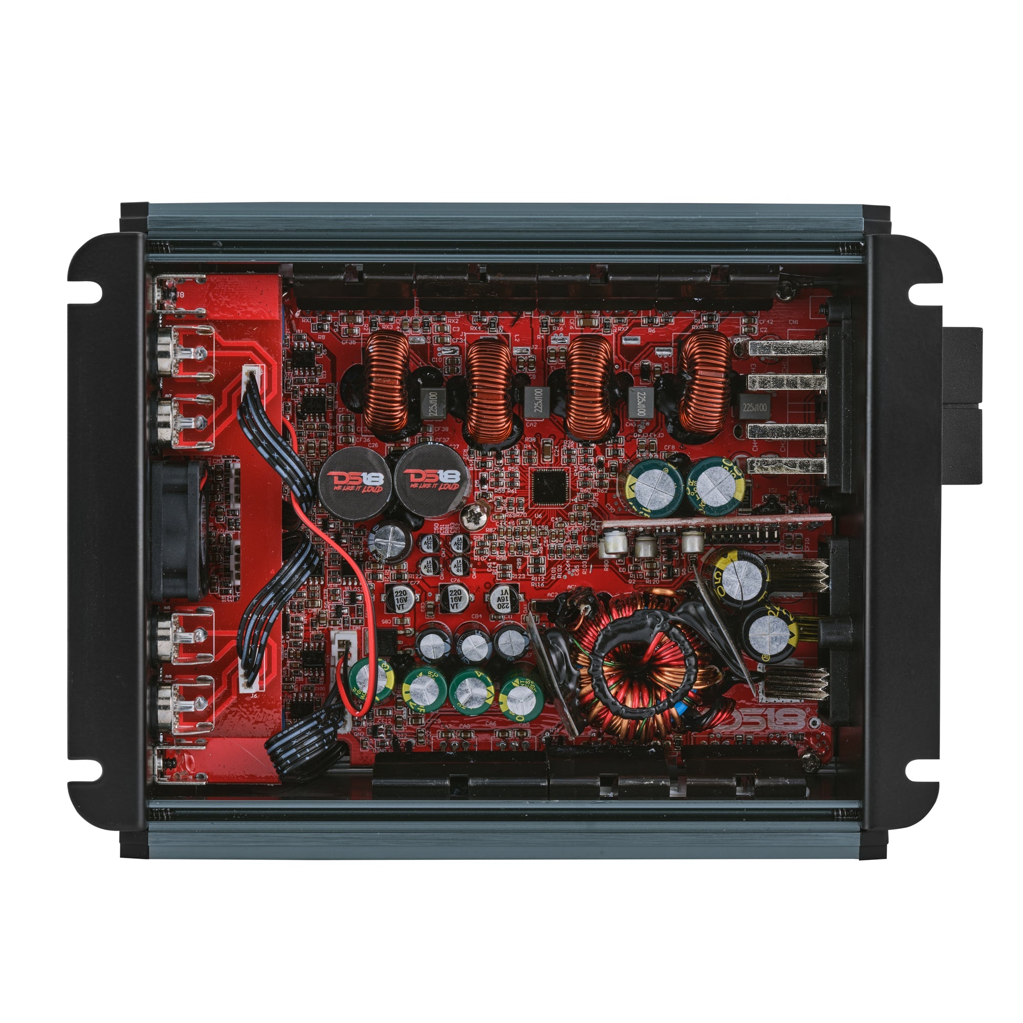 DS18 FRP-1.2K4 amplifier, titanium finish, back panel view