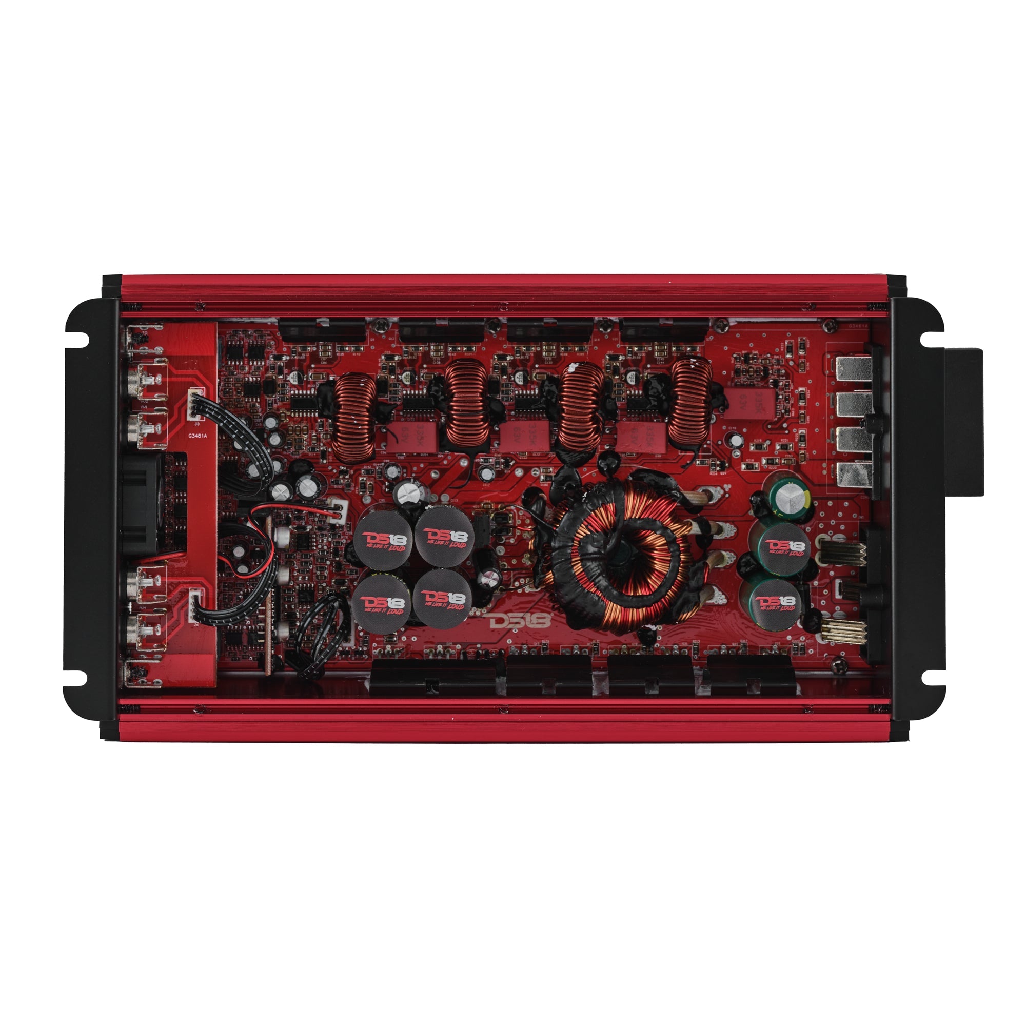 DS18 FRP-2.4K4 amplifier, red finish, back panel view