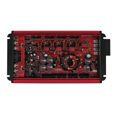 DS18 FRP-2.4K4 amplifier, red finish, back panel view