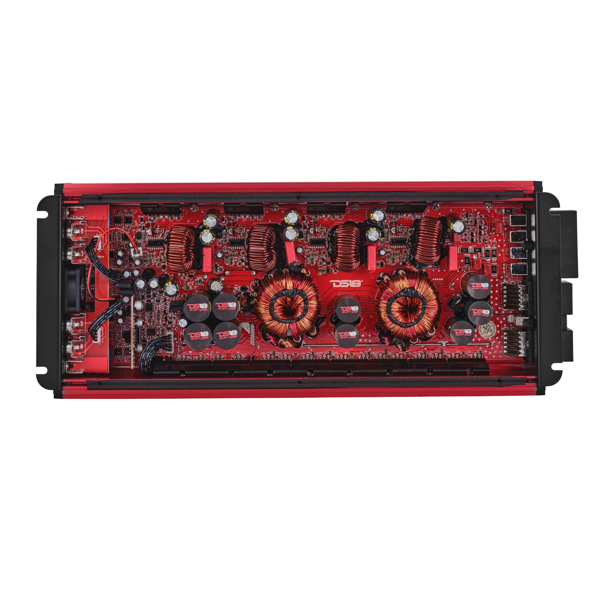 DS18 FRP-4K4 amplifier, red finish, back panel view