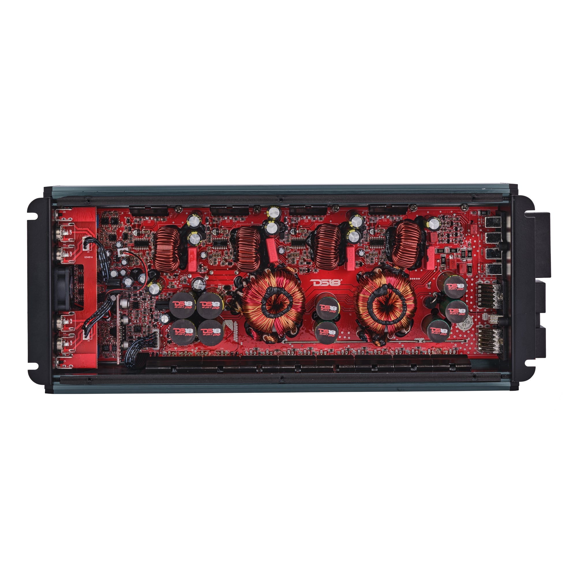 DS18 FRP-4K4 amplifier, titanium finish, back panel view