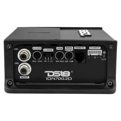 DS18 ION700.2D amplifier left side showing crossover and bass boost controls