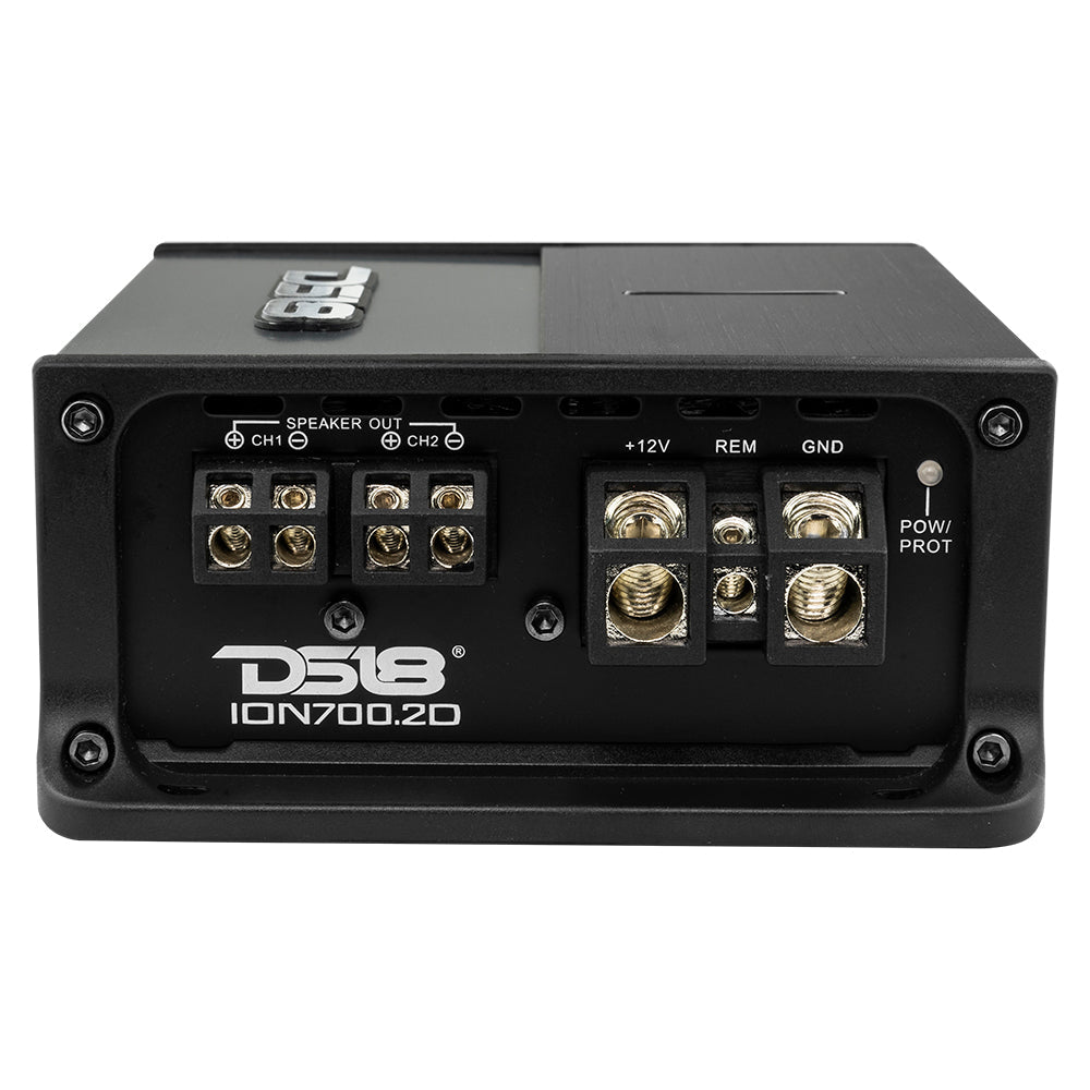 DS18 ION700.2D compact 2-channel Class D amplifier, black and silver aluminum