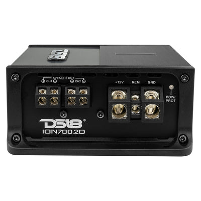 DS18 ION700.2D compact 2-channel Class D amplifier, black and silver aluminum