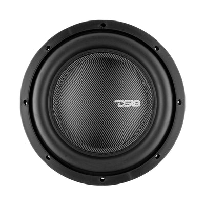 DS18 IXS10 shallow-mount subwoofer front view showing paper cone and fiberglass dust cap