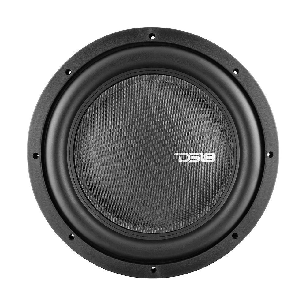 DS18 IXS12 12-inch shallow-mount subwoofer front view showing paper cone and fiberglass dust cap