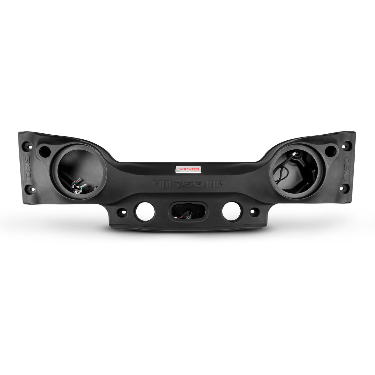 DS18 JK-SBAR22/BK black overhead sound bar system for Jeep Wrangler JK and JKU, front view with the LED logo badge lit red