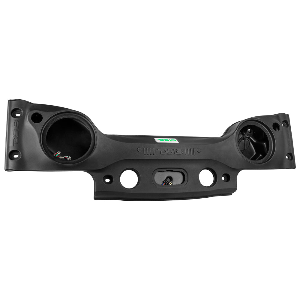 DS18 JK-SBAR22/BK sound bar angled view showing the two 8-inch speaker openings with the LED logo lit green