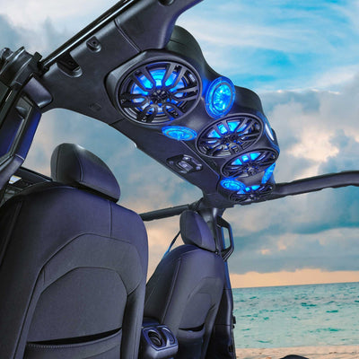DS18 JL-SBAR/BK.HT soundbar installed in a Jeep JL, beach setting
