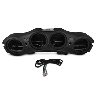 DS18 JL24-SBAR/BK black overhead sound bar for 2024 and newer Jeep JL, JLU and JT, shown with the included wiring harness