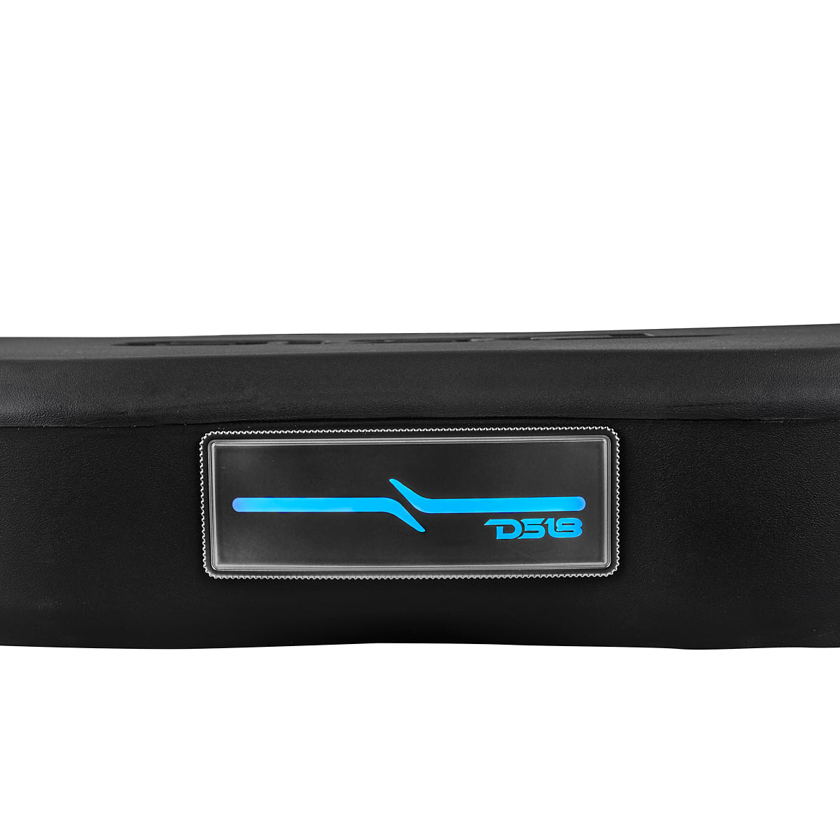 Close-up of the DS18 JL24-SBAR/BK digital LED logo badge lit blue