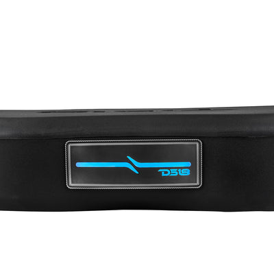 Close-up of the DS18 JL24-SBAR/BK digital LED logo badge lit blue