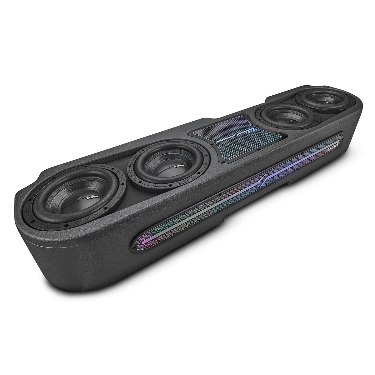 DS18 JT-S84LD loaded under-seat subwoofer enclosure with four 8-inch ZR8.2D subwoofers for Jeep Gladiator JT