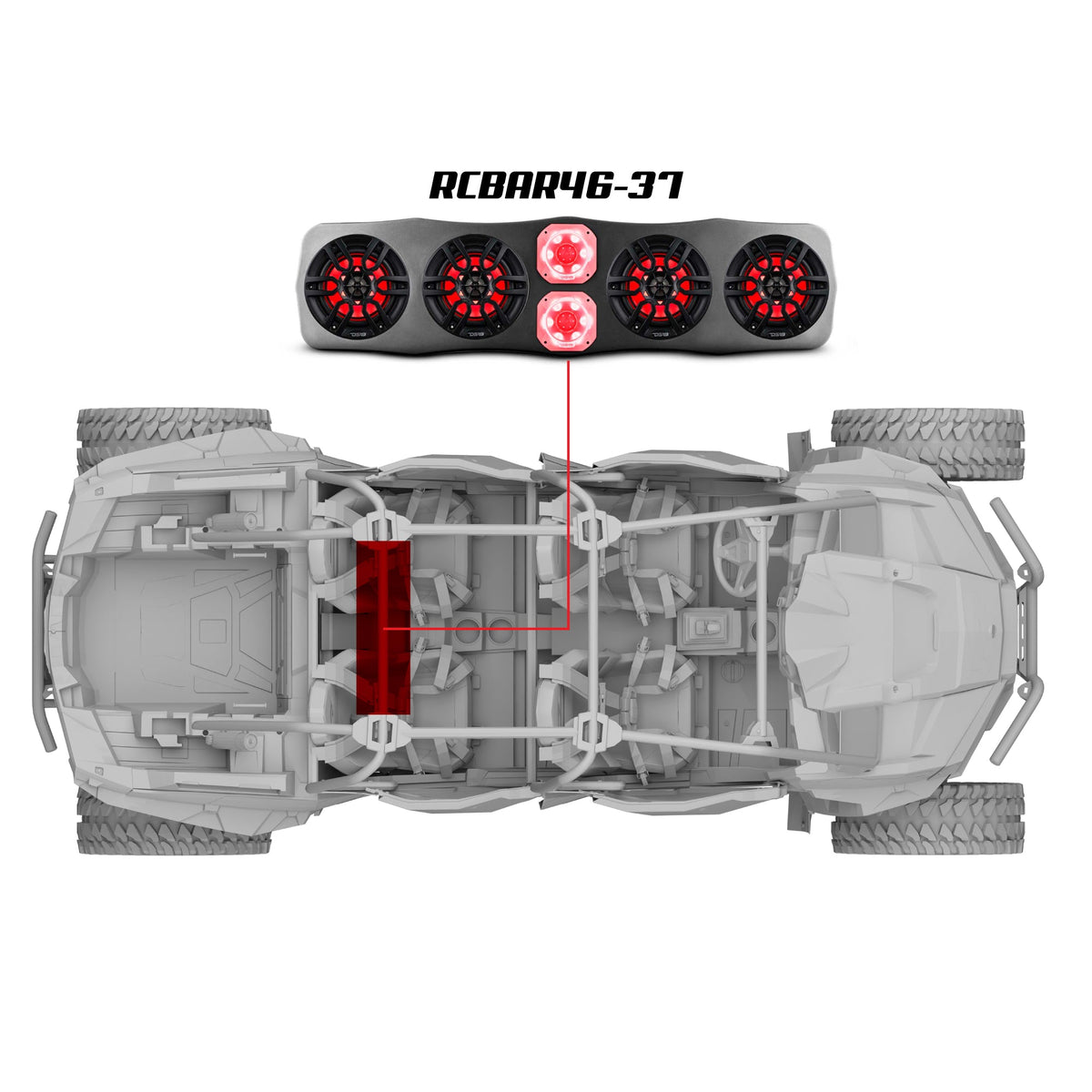 DS18 RCBAR46-37-RZRPKG Polaris RZR soundbar package — mounting position diagram on the Polaris RZR roll cage