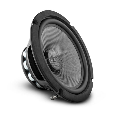 DS18 PRO-CF8.4NR 8" neodymium mid-bass loudspeaker, three-quarter view showing the carbon fiber cone and neodymium ring magnet