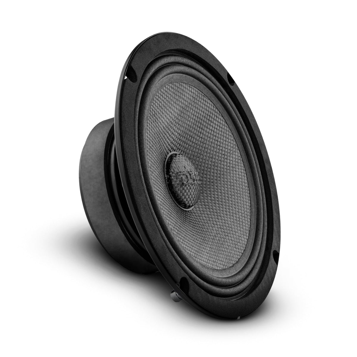 DS18 PRO-CF8.4SL 8" shallow mid-bass loudspeaker, three-quarter view showing the carbon fiber cone