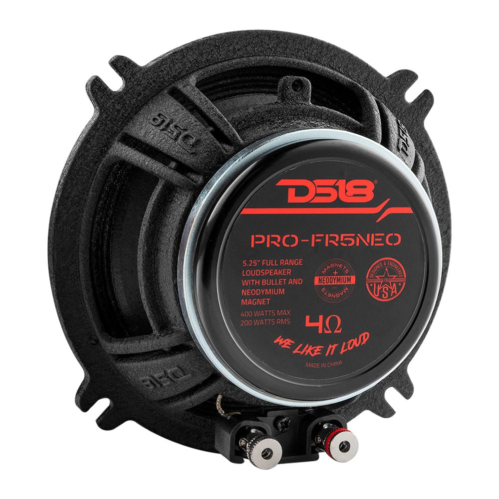 DS18 PRO-FR5NEO rear view showing neodymium magnet motor and terminals