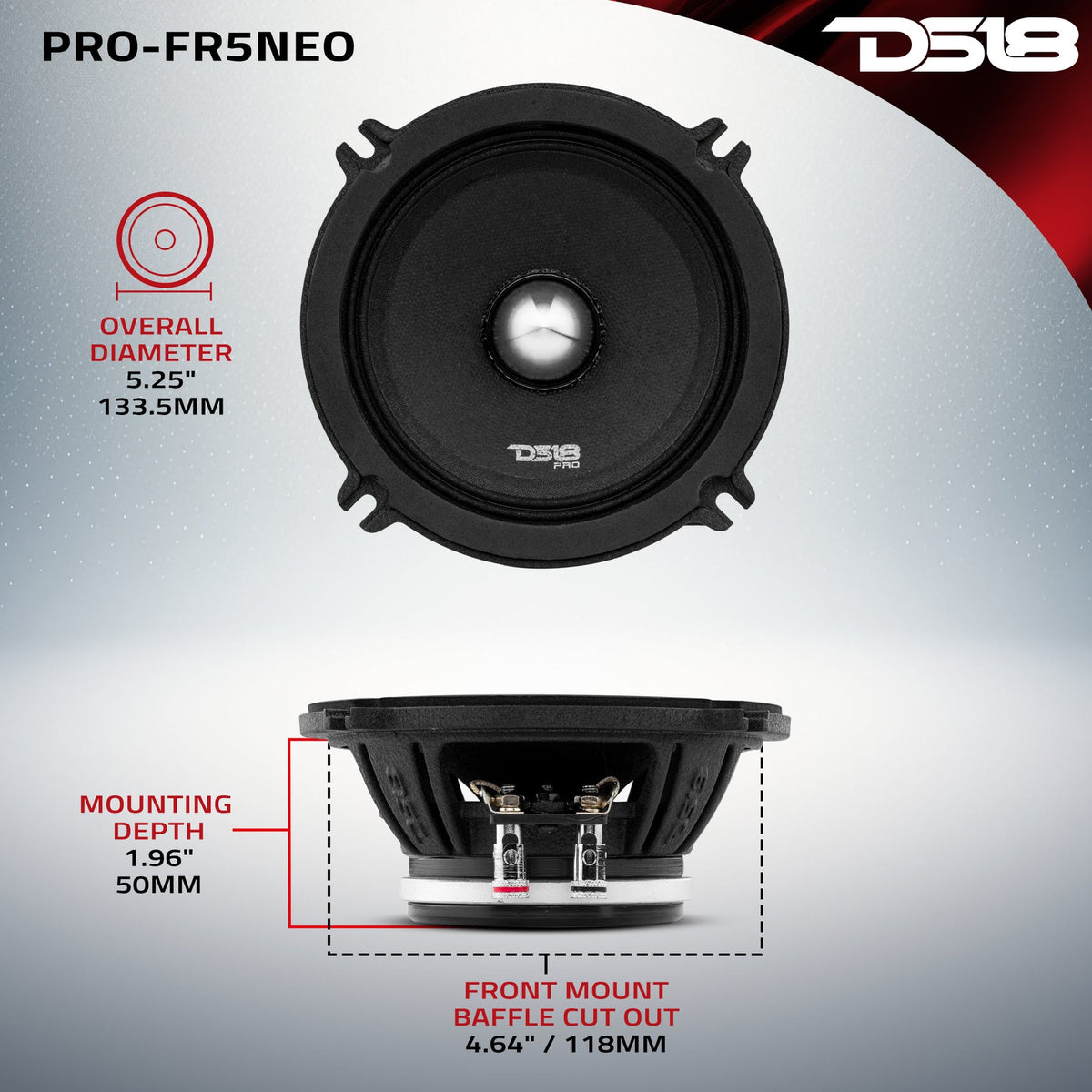 DS18 PRO-FR5NEO dimension diagram with cutout and mounting depth measurements
