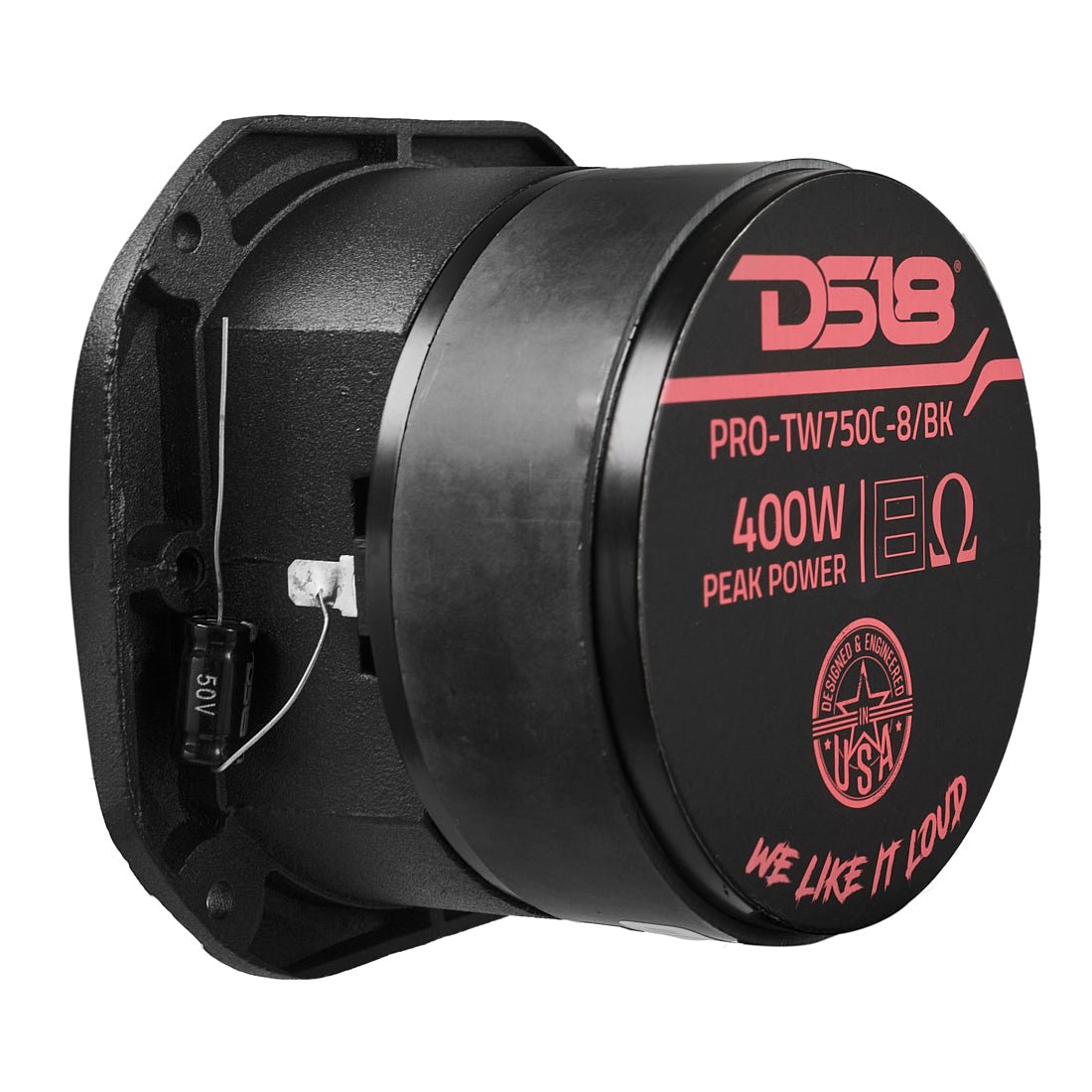 DS18 PRO-TW750C-8 tweeter in black, rear view showing the ferrite motor and DS18 specification label