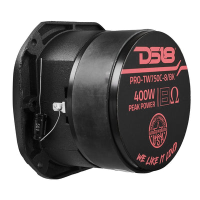 DS18 PRO-TW750C-8 tweeter in black, rear view showing the ferrite motor and DS18 specification label