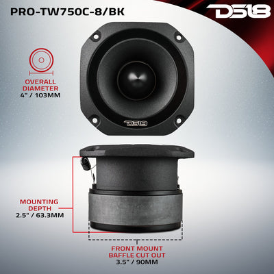 DS18 PRO-TW750C-8 dimension diagram: 4 inch overall diameter, 2.5 inch mounting depth, 3.5 inch baffle cutout