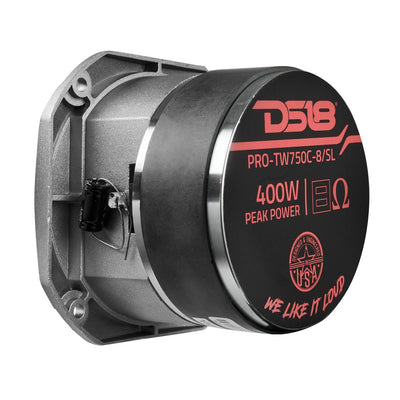 DS18 PRO-TW750C-8 tweeter in silver, rear view showing the ferrite motor and DS18 specification label