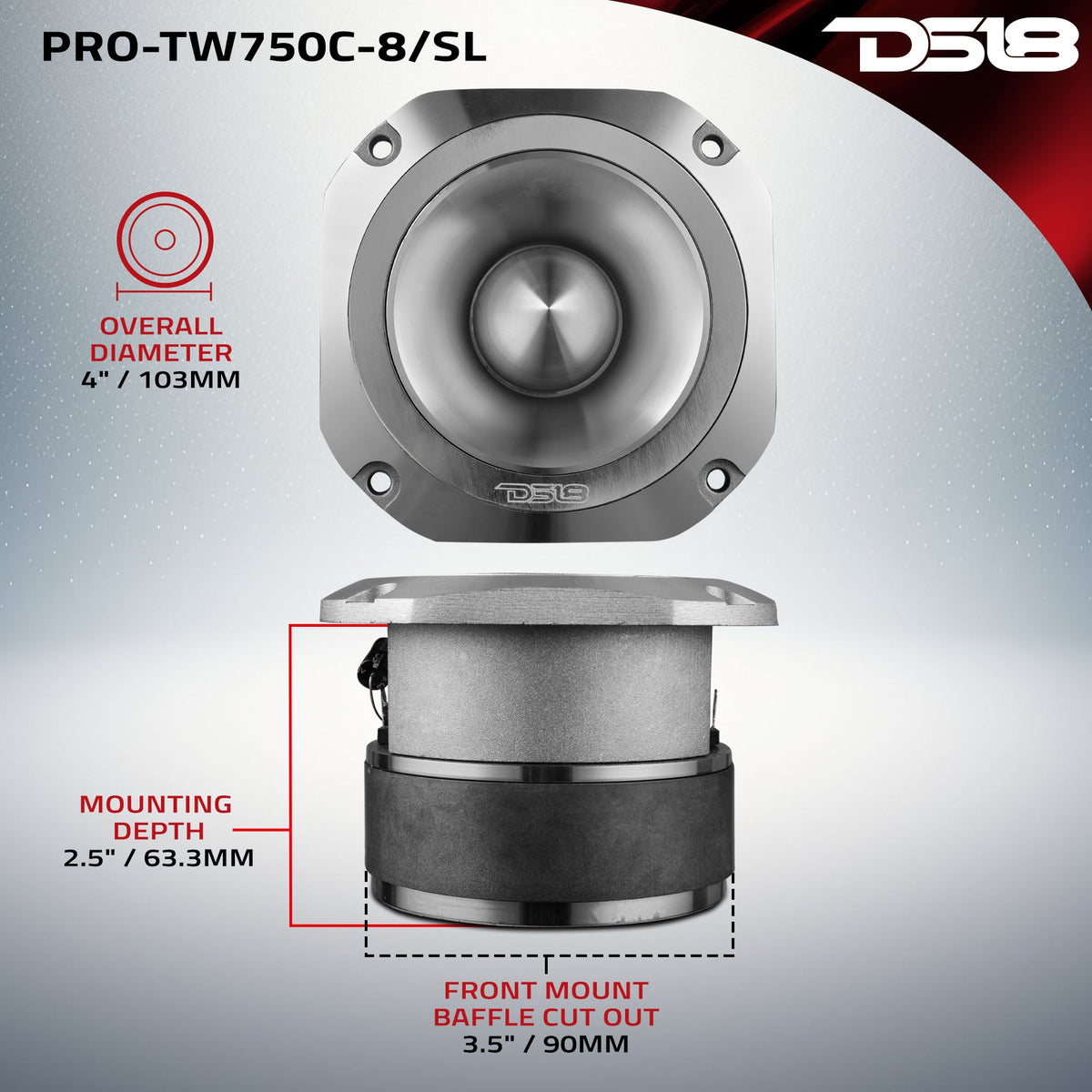 DS18 PRO-TW750C-8 dimension diagram for the silver finish: 4 inch overall diameter, 2.5 inch mounting depth