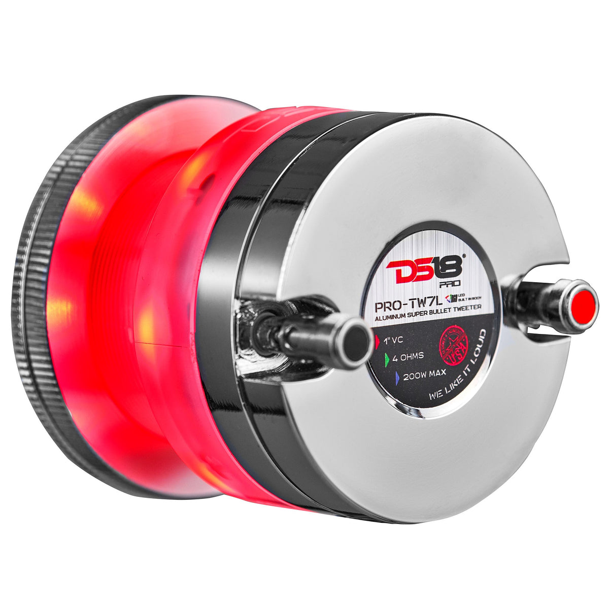 DS18 PRO-TW7L rear view showing neodymium motor and wiring