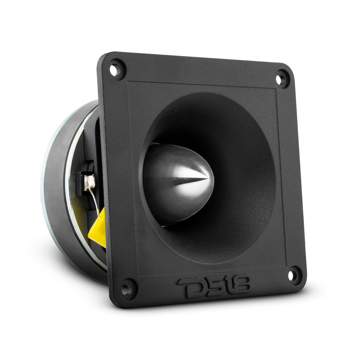 DS18 PRO-TWX6 super bullet tweeter, angled view showing the square black body and silver bullet in the horn throat