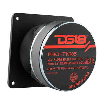 DS18 PRO-TWX6 tweeter rear view showing the ferrite motor and DS18 specification label