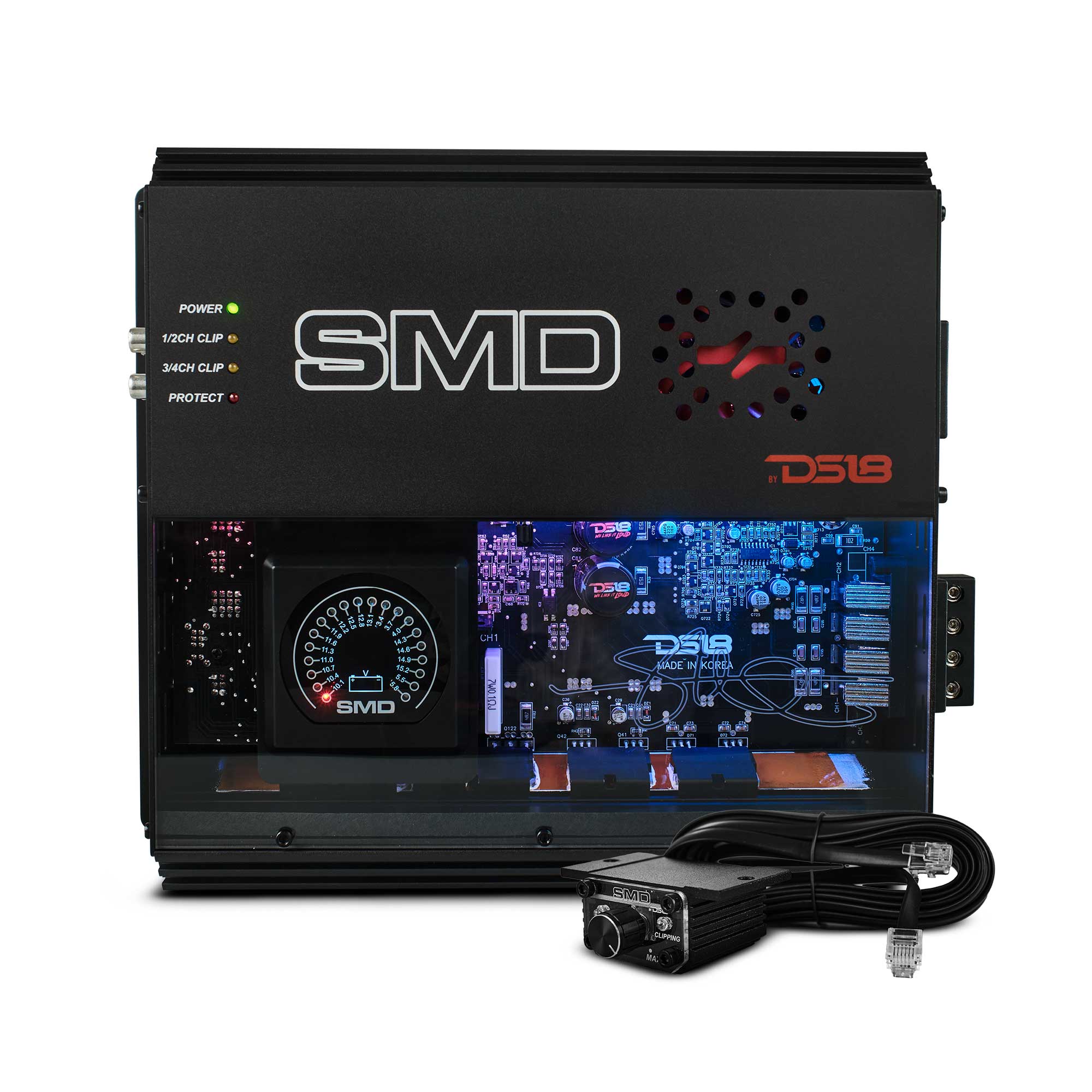 DS18 SMD-200.4AB 4-channel Class AB amplifier with VM-1 voltmeter and acrylic window