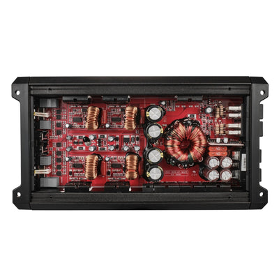 DS18 SXE-3000.4D amplifier rear panel showing 4GA power input and speaker terminals
