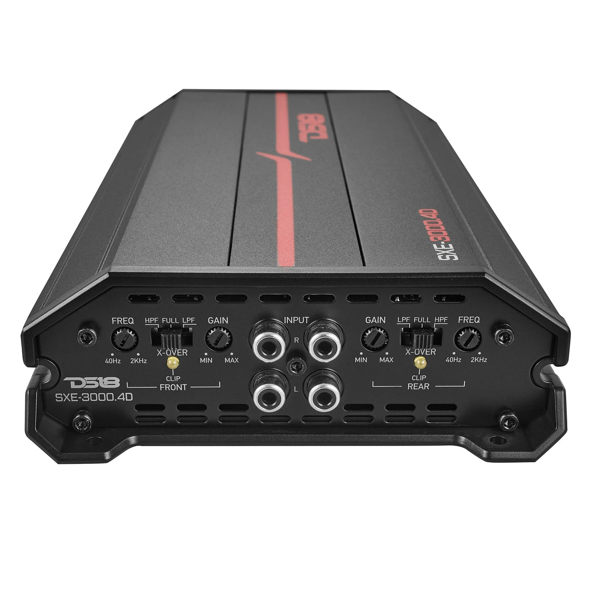 DS18 SXE-3000.4D amplifier left side showing gain and crossover controls